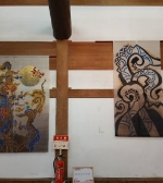 友禅染でのオシャレな街作り展示 「常総市水海道 あすなろの里」 でのアーティスト石山修の作品展示の様子