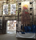 常総市まちなか再成事業　白倉庫祭 石山修友禅染展示の様子